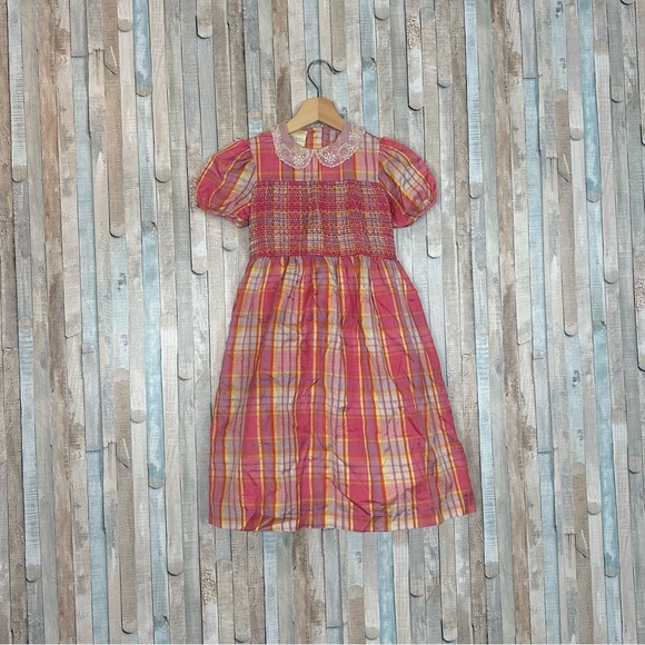 Laura Ashley 5 Vintage Girls Silk Smocked Lace Collar Plaid Dress Play Party - Picture 3 of 9